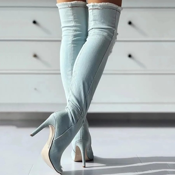 Denim distressed thigh high boots - Picture 3 of 5